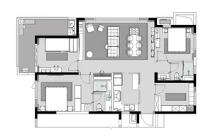 A modern residential floor plan showing a living area, kitchen, bathrooms, bedrooms, and a patio.