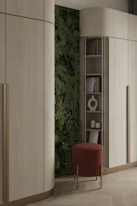 Modern interior featuring wooden storage units and greenery wall