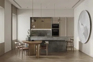 Modern kitchen featuring wooden furniture, marble countertops, and metal accents