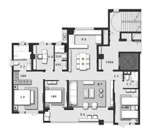 Modern living room with a minimalist design including sofa, coffee table, and TV stand.