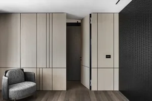 Modern living room featuring wooden and metal elements