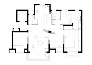 Modern open-plan living room floor plan with minimalist design features and natural lighting.
