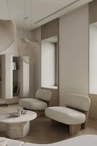Neutral tones minimalist living room with modern furniture and abstract lighting fixtures.