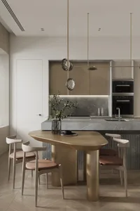 A modern kitchen interior design featuring a marble table and counter.