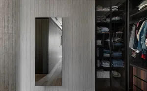 A modern wardrobe featuring glass and wooden elements.