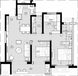 A detailed architectural floor plan of a residential apartment with two bedrooms, a living room, a kitchen, and other essenti