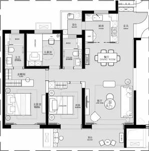 Modern flat's detailed interior floor plan showcasing the layout of rooms and sections such as kitchen, living room, bedroom,