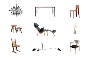 Modern furniture and lamps including a chandelier, dining table, chair, stools, lounge chair, and floor lamps.