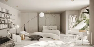 Modern living room with a curved sofa, marble and glass materials, and a grand piano.