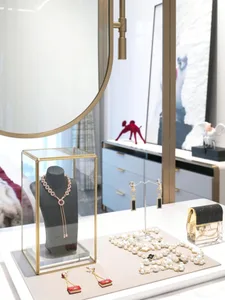 A stylish glass jewelry display featuring various necklaces and earrings.