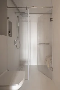 Minimalist bathroom with glass shower enclosure and white ceramic fixtures, featuring sleek design and modern aesthetic.