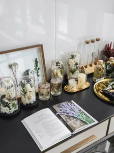 Modern interior design featuring glass containers with dried botanicals.