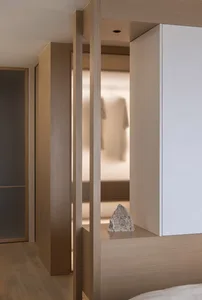 Modern minimalist closet with wood storage and lighting.