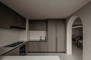 Modern minimalist kitchen with dark wood cabinets and a white countertop.