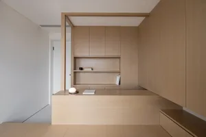 Modern minimalist living room featuring wood elements and minimalist design.