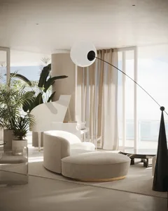 A modern living room with neutral-colored furniture, a piano, and a large window with curtains.