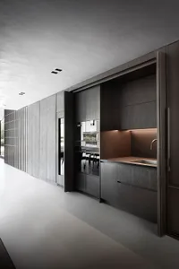 Modern kitchen with dark wooden cabinets and sleek design elements.