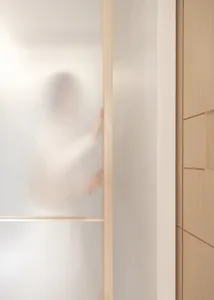 A blurred image of a hand touching a frosted glass wall.