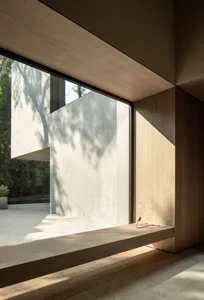 Modern interior space featuring wood, concrete, and glass materials.