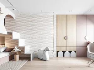 A modern living room featuring wood elements with a contemporary design aesthetic.