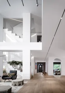 A modern living space featuring wood materials.