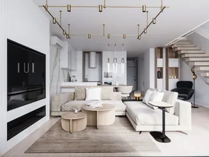 Modern minimalist living room featuring natural wood and leather furniture, glass coffee table, and hanging pendant lights.