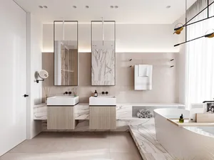 A minimalist bathroom with marble surfaces, including a double sink vanity, a bathtub, and a mirror.