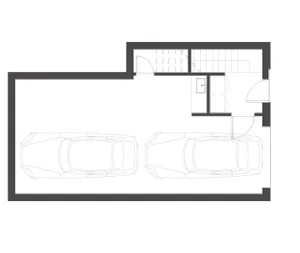 Top view of a modern garage with a concrete floor, designed for two cars.