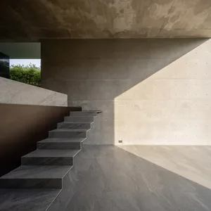 Concrete stairs leading to an open, minimalist interior space.