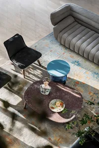 Modern interior design featuring a coffee table with a sculpture and floral plate, surrounded by a sofa, chair, and rug.