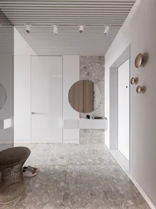 Contemporary room featuring polished marble floor tiles and minimalist design elements.