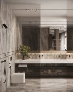 Modern bathroom with marble walls and floor tiles, floating vanity, and multiple sinks.