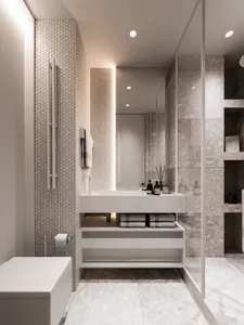 Modern minimalist bathroom featuring white and marbled tiles with a white floating vanity and square glass shower enclosure.