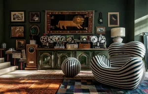 A cozy living room with a striped armchair, a brass tea lamp, and various musical equipment.