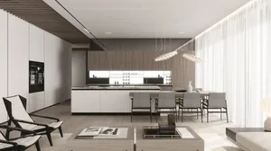 A modern residential kitchen featuring white tiles and wooden elements.