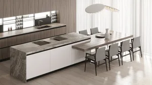 Modern industrial kitchen with marble countertops and wooden cabinets.