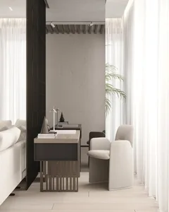 Modern living room with white furniture, creamy carpet, white curtains on windows, and neutral-toned decor.