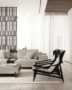 Modern living room with fabric seating, minimalist design, and contemporary furniture.