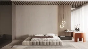 A minimalist bedroom with a modern bed, wood-paneled walls, and contemporary lighting fixtures.