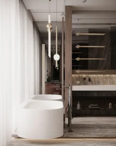A modern minimalist bathroom with a white tub, wood accents, and a black marble countertop.