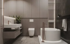 Modern bathroom featuring marble and wood materials.