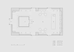 A floor plan of a modern reception hall with a central open space, reception desk, and seating areas.