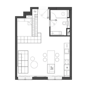 A minimalist apartment floor plan includes a bedroom, kitchen, bathroom, and living area.