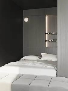 Modern minimalist bedroom featuring wooden panels on the wall and a sleek, clean design.