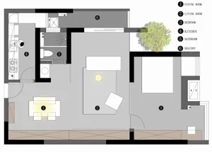 Floor plan diagram of a minimalist design in a small space with a designated living area, bedroom, kitchen, and balcony.