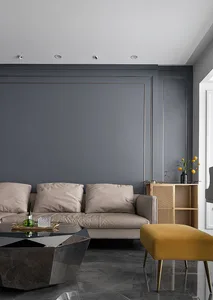 A minimalist living room featuring a metal and wood combination furniture and decor.