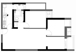Floor plan of a minimalist residential interior including kitchen, bathroom, and bedroom.