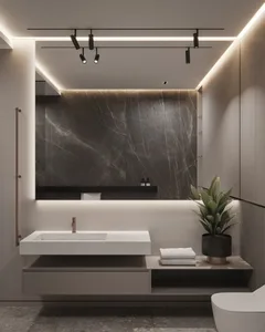 Modern bathroom interior with marble wall, floating vanity, and green plant.