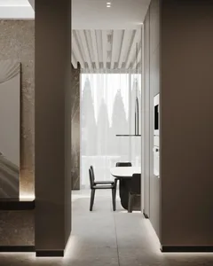 A modern kitchen featuring terrazzo marble with minimalist design elements.