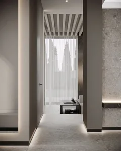 Modern living room with concrete ceiling, glass curtains, and minimalist decor.